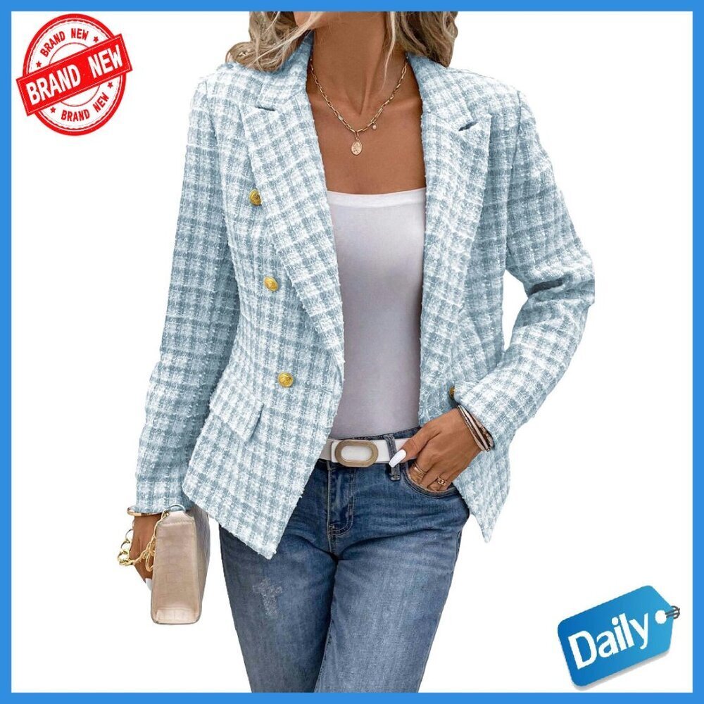 Women's Tweed Plaid Blazer Slim Fit Double-Breasted Work Coat Pockets